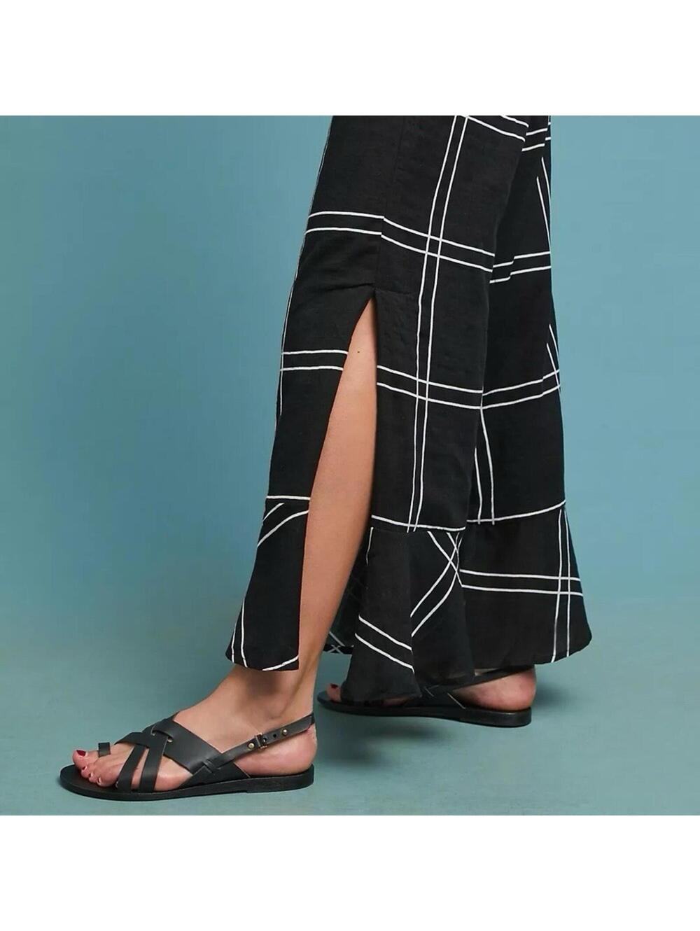 Sancia Black Windowpane Wide Leg Pants Size S Side Slit Cotton Resort - Picture 2 of 9